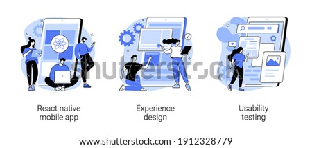 Mobile app development process abstract concept vector illustration set. React native mobile app, experience design, usability testing, user interface, software architecture abstract metaphor.