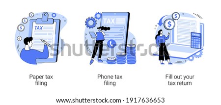 Tax return deadline abstract concept vector illustration set. Paper or phone tax filing, fill out your tax return, financial report, money refund, business profit, budget planning abstract metaphor.