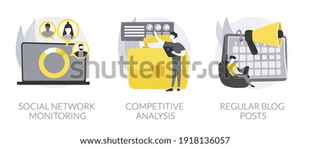 Marketing and PR abstract concept vector illustration set. Social network monitoring, competitive analysis, regular blog posts, brand reputation, startup business consultant abstract metaphor. Photo stock © 