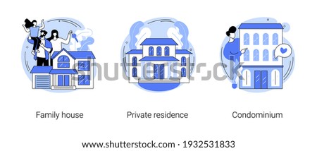 Real estate market abstract concept vector illustration set. Family house, private residence, condominium, mortgage loan, down payment, land ownership, detached home, backyard abstract metaphor.