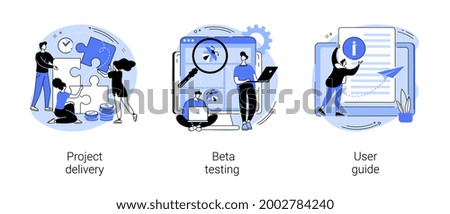 Customer experience abstract concept vector illustration set. Project delivery, beta testing, user guide, software development, new product launch, technical guide, helpdesk abstract metaphor.