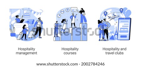 Hotel business abstract concept vector illustration set. Hospitality management and courses, travel clubs, travel office, hospitality staff training, travelers community network abstract metaphor.