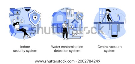 Home comfort and security abstract concept vector illustration set. Indoor security system, water contamination detection, central vacuum installation, smart home sensor, door lock abstract metaphor.