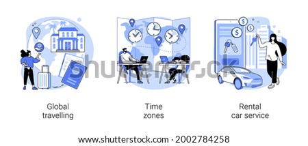 International tourism abstract concept vector illustration set. Global travelling, time zones, rental car service, travel agency, vacation resort chain, jet lag, online car booking abstract metaphor.