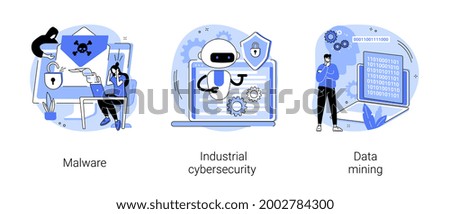 Spyware development abstract concept vector illustration set. Malware and computer virus, industrial cybersecurity, data mining, antivirus security and protection, cyber attack abstract metaphor.