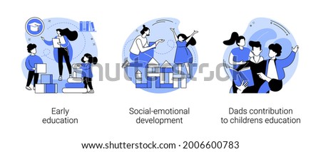 Pre-school children abstract concept vector illustration set. Early education, social-emotional development, dads contribution to childrens education, toddler creative skill, abstract metaphor.