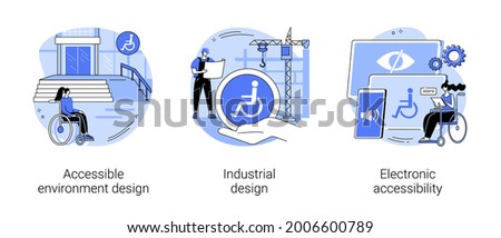 Barrier-free environment abstract concept vector illustration set. Accessible environment design, industrial product usability and ergonomics, electronic accessibility for disabled abstract metaphor. Foto stock © 