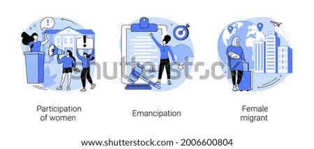 Gender equality abstract concept vector illustration set. Participation of women, emancipation and social equal rights, female migrant, female speaker leader, businesswoman ambition abstract metaphor.