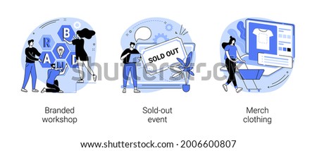 Marketing promo event abstract concept vector illustration set. Branded workshop, sold-out event, merch clothing, tickets available, popular show, product placement, merch design abstract metaphor.