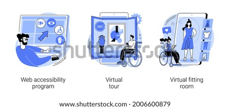Online inclusivity abstract concept vector illustration set. Web accessibility program, virtual tour and online dressing room, websites for people with special needs, e-commerce abstract metaphor. Foto stock © 