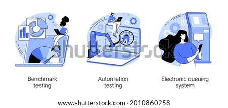Software implementation abstract concept vector illustration set. Benchmark and automation testing, electronic queuing system, product performance, ticket generator, IT solution abstract metaphor.
