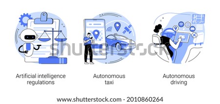 Driverless transport legislation abstract concept vector illustration set. Artificial intelligence regulations, autonomous taxi driving, AI development, future transport system abstract metaphor.