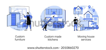 Interior design abstract concept vector illustration set. Custom furniture and bespoke kitchen furniture design, moving house services, artisan manufacturing, family home relocation abstract metaphor.
