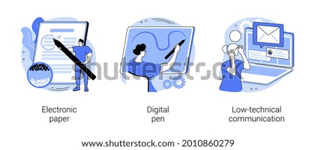 Using technology abstract concept vector illustration set. Electronic paper, digital pen, low-technical communication, electronic library, read e-book, brush stroke, notebook abstract metaphor.