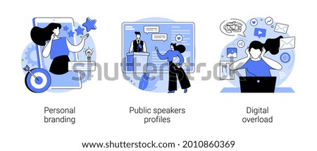 Gadget-dependent life abstract concept vector illustration set. Personal branding, public speakers profiles, digital overload and burnout, social media blog, expert reputation abstract metaphor.