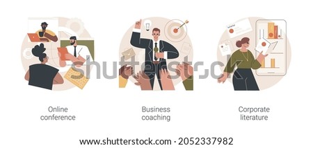 Business training abstract concept vector illustration set. Online conference, business coaching and mentoring, corporate literature, digital meetup, brand newsletter, success abstract metaphor.