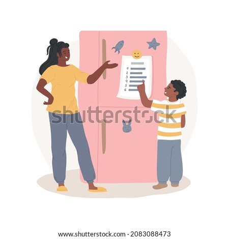 Rules checklist isolated cartoon vector illustration. Household rules for kids, checklist hanging on the fridge, child reading pointing finger, family members relationship cartoon vector.