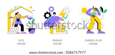Environmentally friendly construction abstract concept vector illustration set. Eco house, passive and energy-plus building, waste recycling, heating efficiency, sustainable home abstract metaphor.
