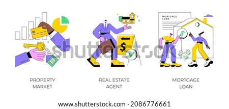 Buying property abstract concept vector illustration set. Property market, real estate agent, mortgage loan, new appartment, property investment, bank credit, down payment, pay off abstract metaphor.
