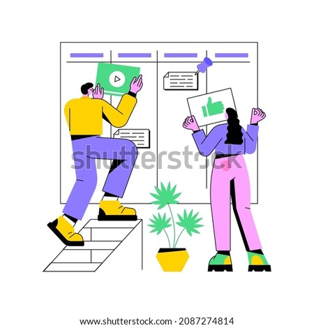 Kanban board abstract concept vector illustration. Teamwork communication process, agile project management, scrum meeting, development stages, work progress visualization abstract metaphor.