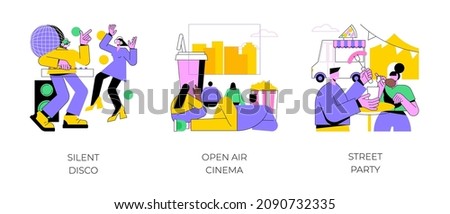 City enternainment abstract concept vector illustration set. Silent disco, open air cinema, street party, club event, DJ set streaming, movie theater, buy ticket online, outdoor fun abstract metaphor.