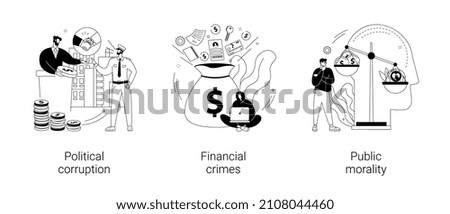 Public life abstract concept vector illustration set. Political corruption, financial crimes, public morality, ethical standards, bribery and tax offense, money laundering abstract metaphor. Сток-фото © 