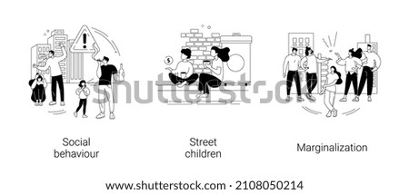 Social problems abstract concept vector illustration set. Social behaviour, street children, marginalization, youth abuse, gang fighting, domestic violence, school bullying, outcast abstract metaphor. Foto stock © 