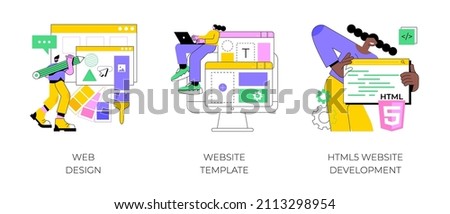 Website building service abstract concept vector illustration set. Web design, website template, HTML5 development, landing page, interface, user experience, constructor platform abstract metaphor.