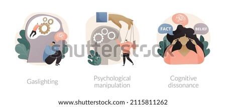 Mental abuse abstract concept vector illustration set. Gaslighting, psychological manipulation, cognitive dissonance, emotional blackmailing, social engineering, missing out abstract metaphor. 商業照片 © 