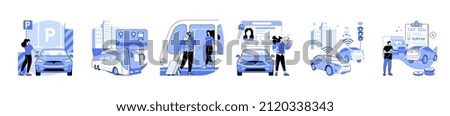 Public transportation linear flat vector abstract concept illustrations set. Passenger transportation services. Taxi, parking card payment, smart electric cars, bus and subway transit, customs. Stock foto © 