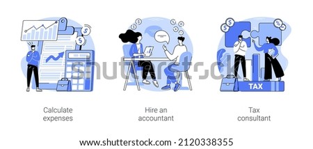 Small business finance management isolated cartoon vector illustrations set. Calculate expenses, hire an accountant and tax consultant, money management, financial security vector cartoon. Сток-фото © 