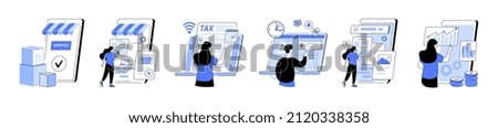 Set of linear vector concept illustrations. Filling out online form and survey, registering goods, filing taxes, submitting resume, searching for information on the Internet, creating a budget report. Stockfoto © 