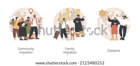 Relocation abstract concept vector illustration set. Community migration, family movement abroad, jewish diaspora, refugee group, travel with kids, immigration program abstract metaphor.