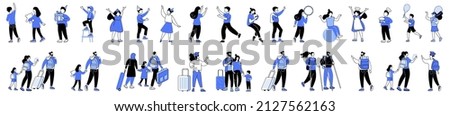 Linear vector isolated illustration set of kids and travel characters. Happy family traveling, dancing children, child in a medical mask, give a gift, cook food, have fun at the party, play tennis. 商業照片 © 