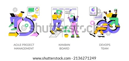 Software development company abstract concept vector illustration set. Agile project management, kanban board, devOps team, scrum meeting, project life cycle, stakeholder, testing abstract metaphor.