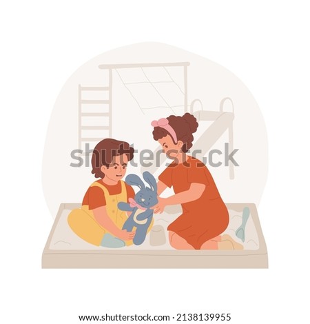 Siblings rivalry isolated cartoon vector illustration. Siblings sharing playground, childhood problem, two toddlers tear the toy apart, screaming and crying, brothers rivalry vector cartoon.