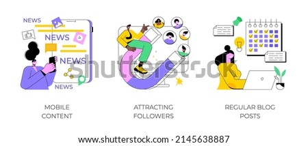 Content marketing service abstract concept vector illustration set. Mobile content, attracting followers, regular blog posts, live stream, follow social media, online notification abstract metaphor.