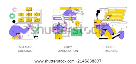 Website optimization abstract concept vector illustration set. Sitemap creation, copy optimization, click tracking, SEO analytics software, online business, target keyword, web text abstract metaphor.