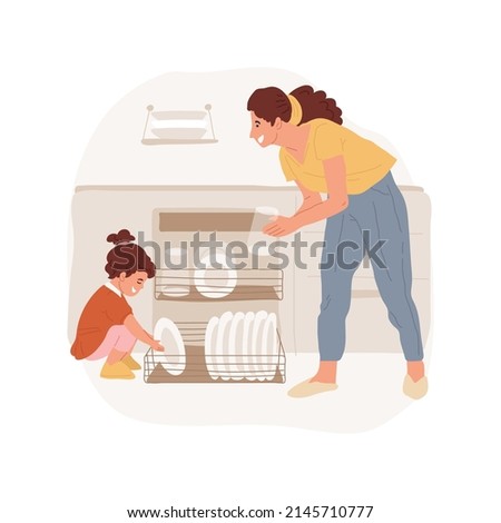 Load the dishwasher isolated cartoon vector illustration. Kid helping mom in the kitchen, loading dishwasher together, family daily routine, cleaning dishes, engage in housework vector cartoon.