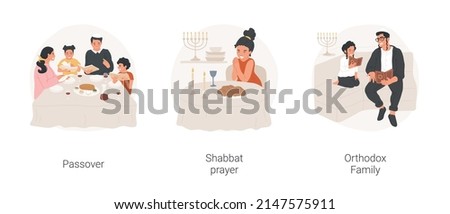 Jewish rituals isolated cartoon vector illustration set. Happy family celebrating Passover holiday, shabbat prayer, orthodox family, jewish religious father and his little son vector cartoon.