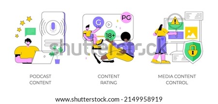 Engaging marketing abstract concept vector illustration set. Podcast content rating, media content control, promotion strategy, monetization, games and apps, user guidelines abstract metaphor.