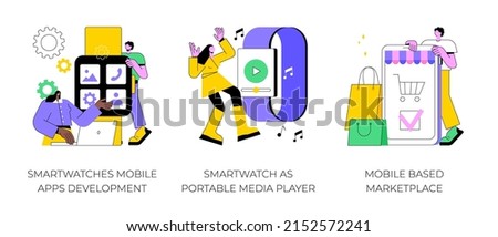 Wearable devices abstract concept vector illustration set. Smartwatches mobile apps development, portable media player, mobile based marketplace, dev team, e-shop app purchase abstract metaphor.