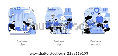 Business development isolated cartoon vector illustrations set. Diverse people discussing business plan, brainstorm startup idea, create company vision, entrepreneur develop mission vector cartoon.