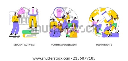 Social movement abstract concept vector illustration set. Student activism, youth empowerment, young people rights protection, age of majority, democracy building, take action abstract metaphor.