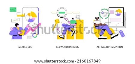 Search engine marketing abstract concept vector illustration set. Mobile SEO agency, keyword ranking, alt tag optimization, website ranking, search optimization, page navigation abstract metaphor.