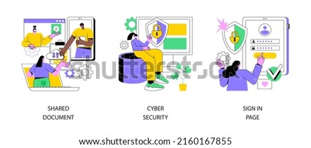 Cloud service access abstract concept vector illustration set. Shared document, cyber security, sign in page, public folder access, editing online, data protection, user login abstract metaphor.