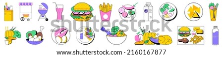 Colorful linear vector isolated illustration set of food products. Fruit and vegetables, Mediterranean and keto diet, organic food, BBQ and taco, burger and french fries, national cuisine dishes.