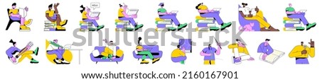 Colorful linear vector illustration set of diverse isolated characters learning online. Distant education, foreign language online lesson, student doing homework, tutoring service, masterclass.