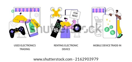 Electronics trade market abstract concept vector illustration set. Used electronics trading, renting electronic device, mobile phone trade-in, sell old smartphone, best deal abstract metaphor.