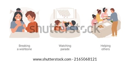 Thanksgiving traditions isolated cartoon vector illustration set. Breaking wishbone, Thanksgiving holiday tradition, family watching Macys parade on TV, helping others, serving food vector cartoon.